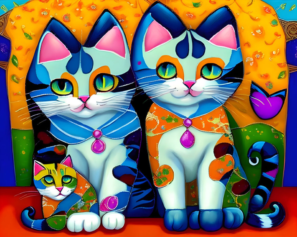 Colorful Cats Illustration with Distinctive Patterns and Necklaces