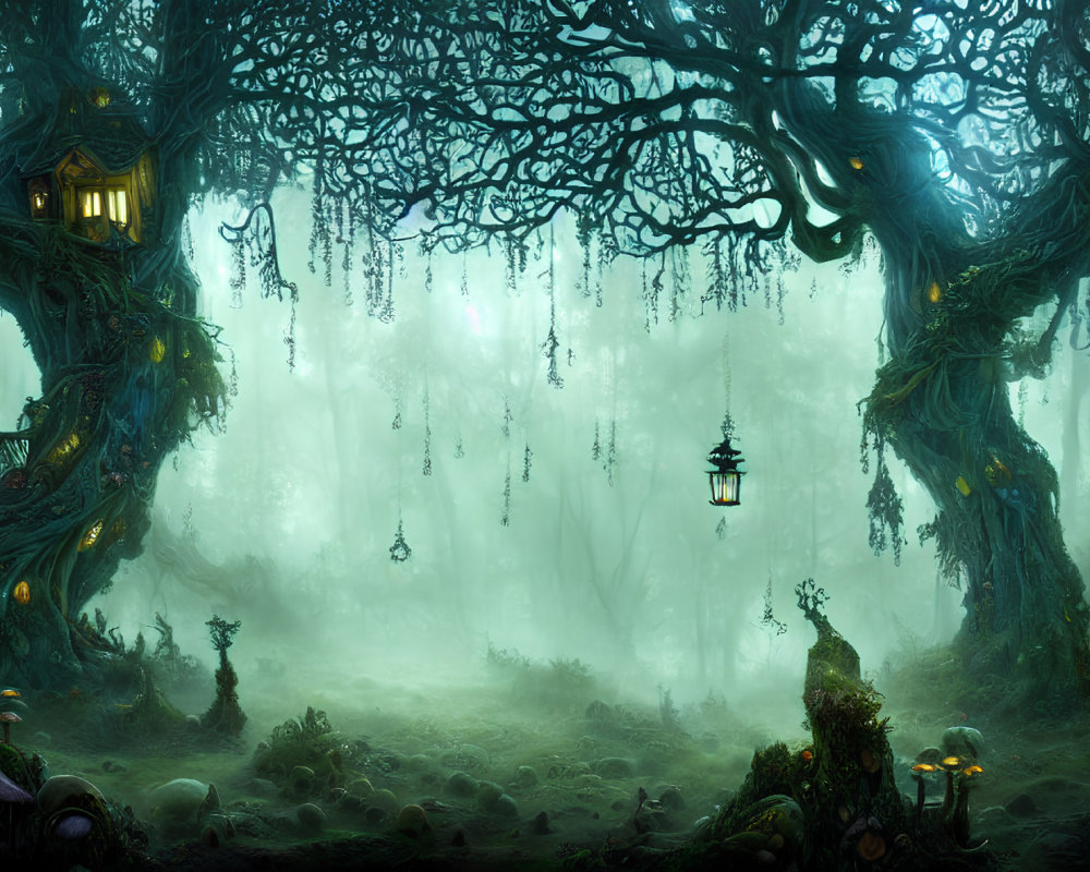 Enchanted forest with gnarled trees, lanterns, and glowing treehouses in mystical fog