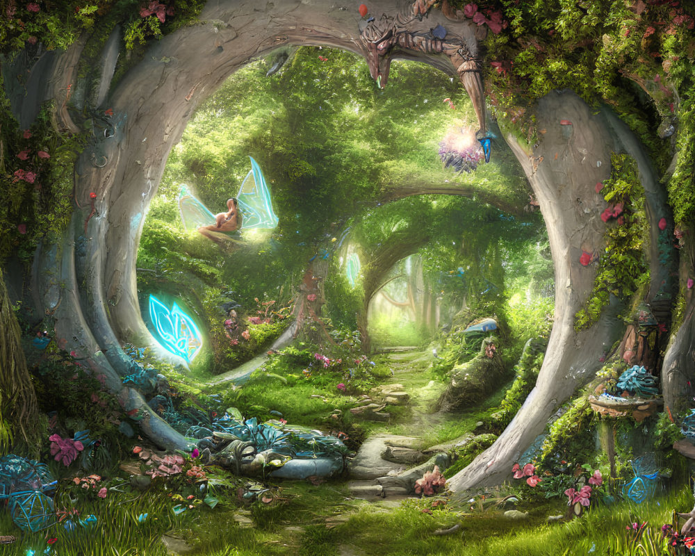 Mystical forest path with vibrant flowers and dragon archway