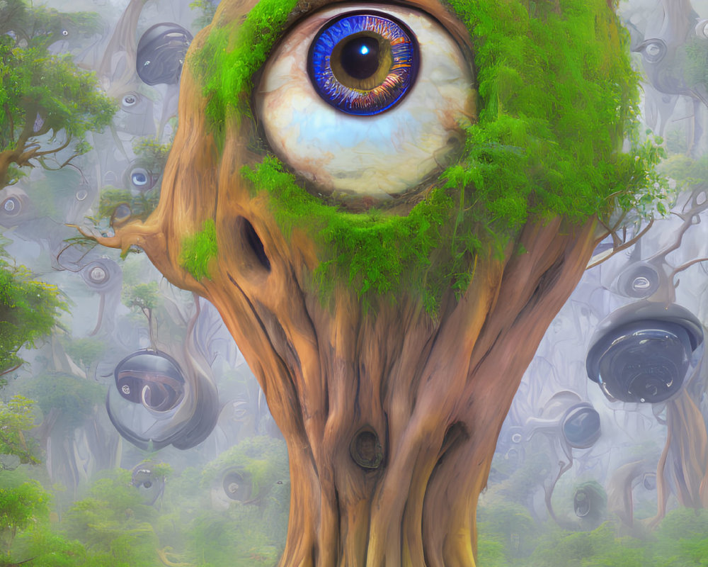 Surreal image of giant tree with blue eye in misty forest