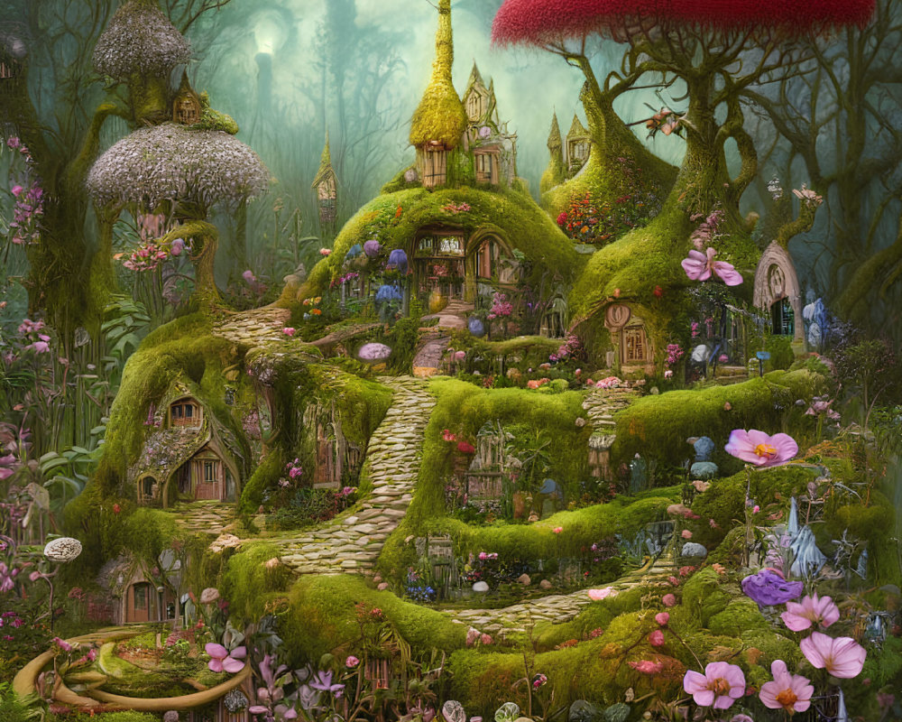 Detailed Treehouse Dwellings in Whimsical Forest Scene
