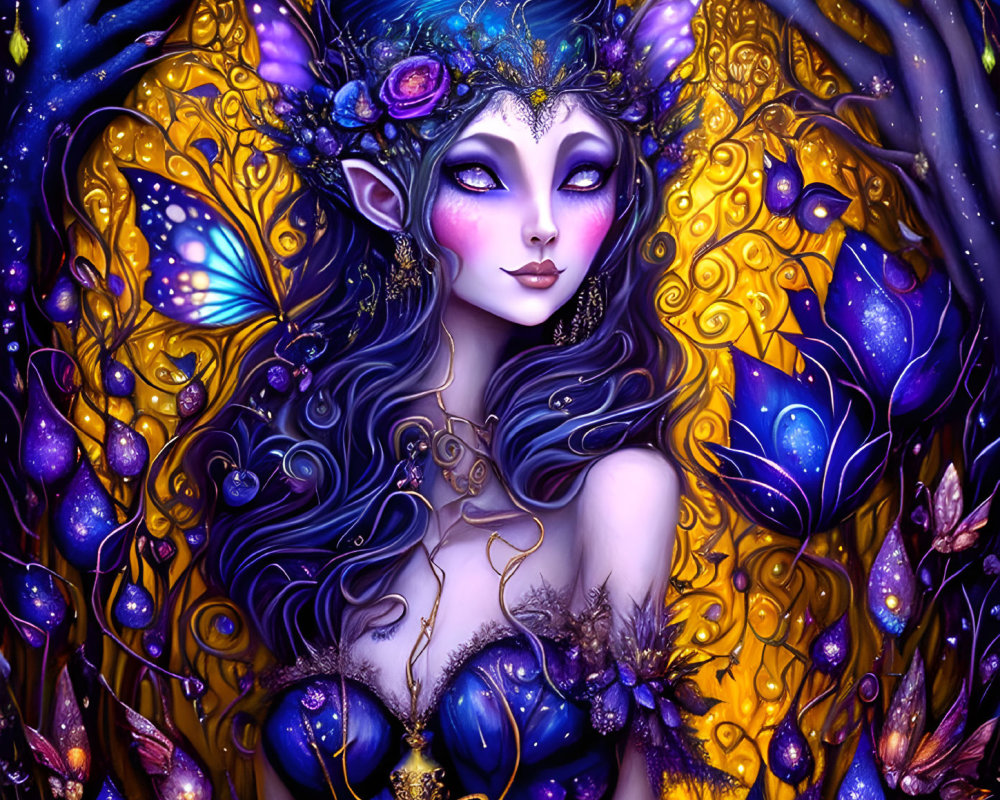 Fantasy illustration of mystical female figure with purple skin and pointed ears surrounded by butterflies and foliage