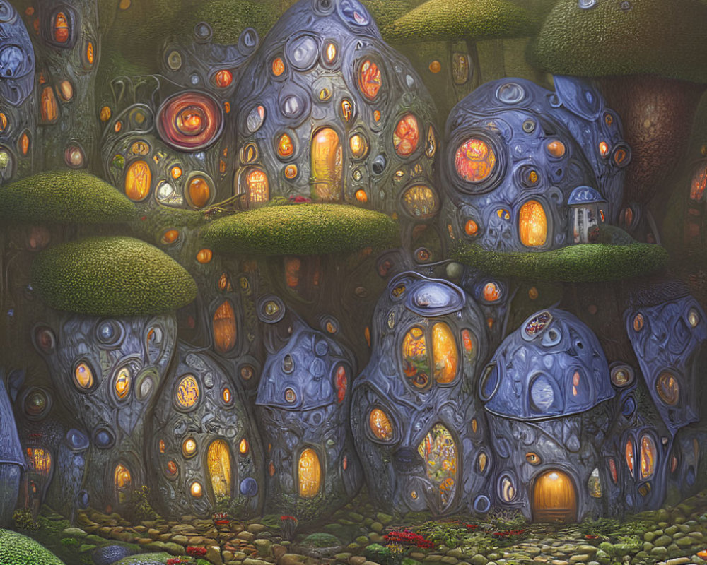 Enchanted forest scene with glowing mushroom houses