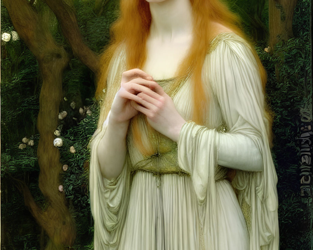 Red-haired woman in white gown and golden headpiece in enchanted forest