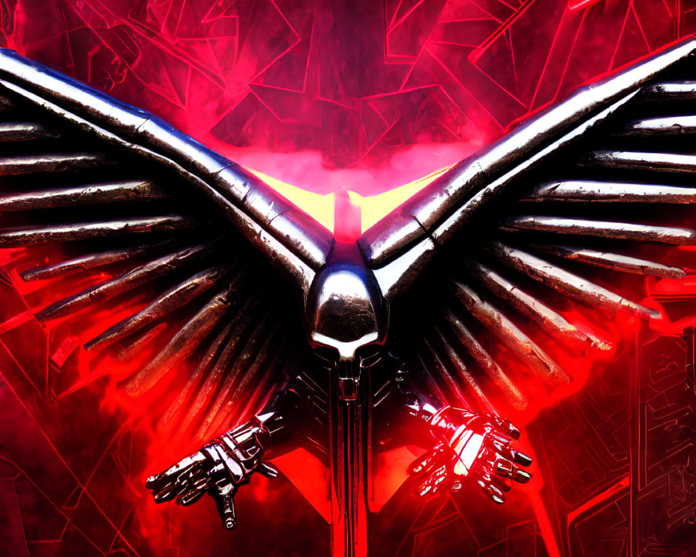 Robotic bird with expansive wings on red geometric background