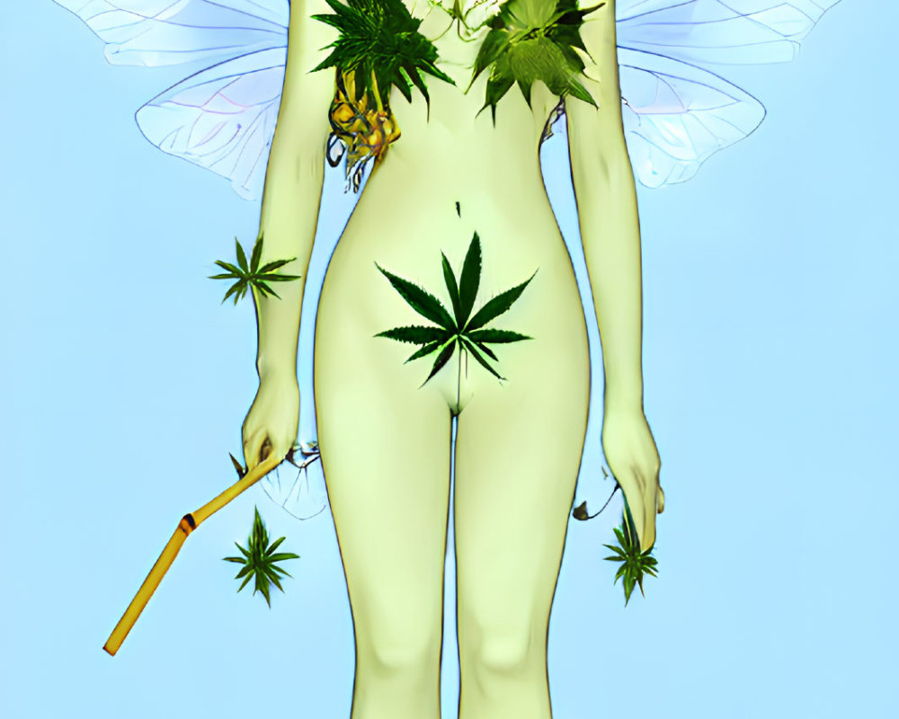 Fantasy illustration of female figure with cannabis-themed adornments and wings