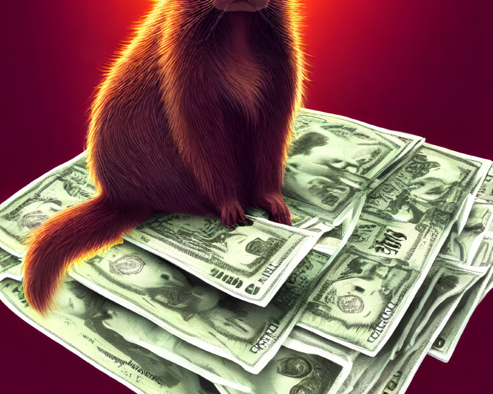 Capybara on US Dollar Bills on Red Background