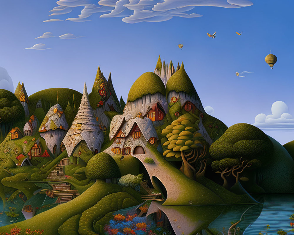 Surreal landscape with integrated houses, rolling hills, fluffy clouds, and hot air balloons
