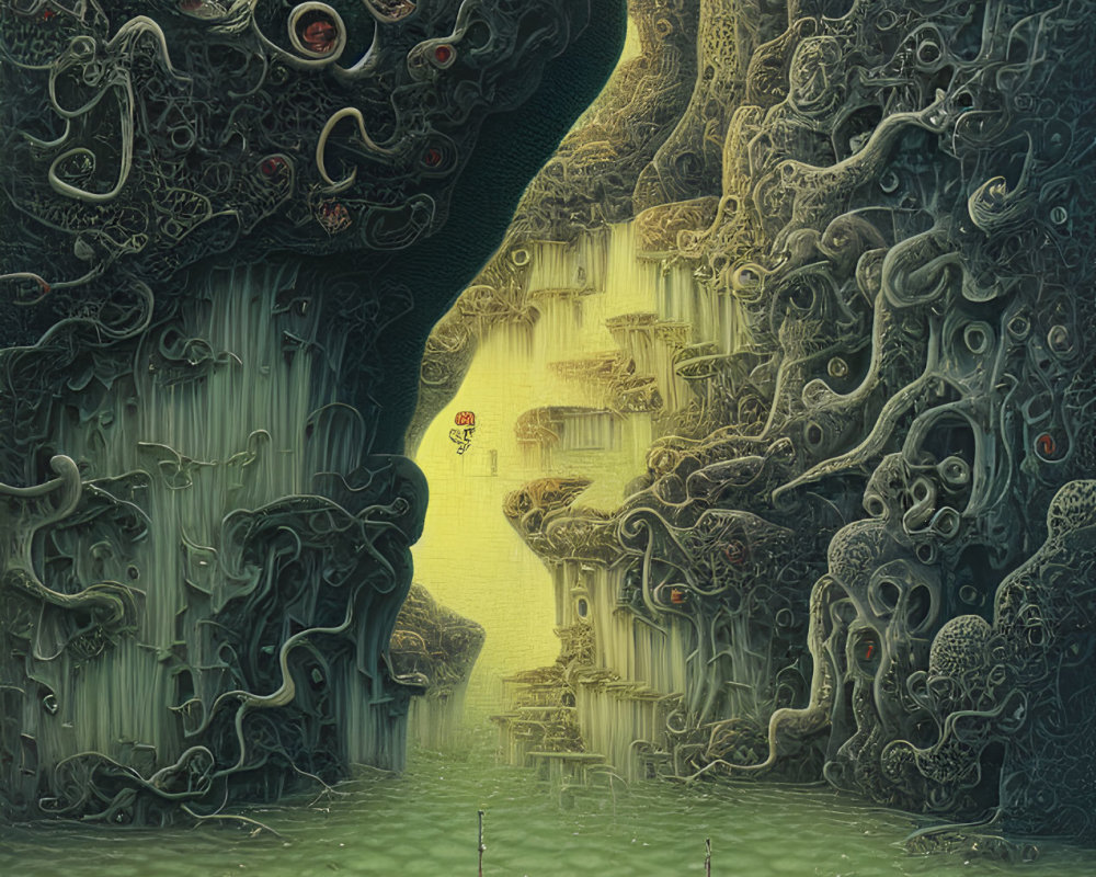 Detailed surreal painting with tree-like structures, human figure, and spotlight.