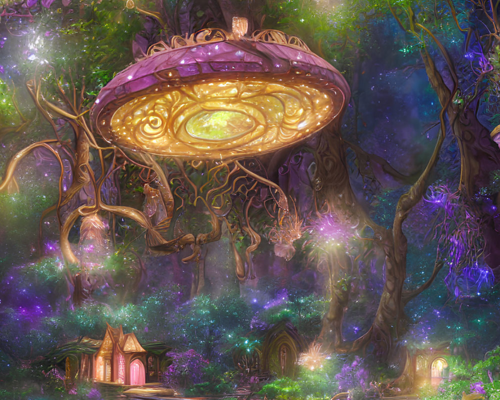 Enchanting forest with ornate chandelier, vibrant flora, and quaint houses