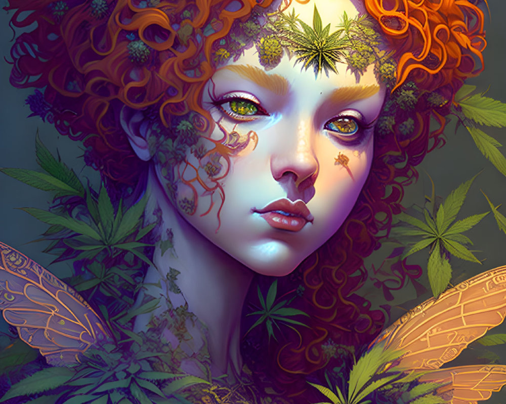 Vibrant orange hair woman with cannabis leaf and butterfly wings illustration