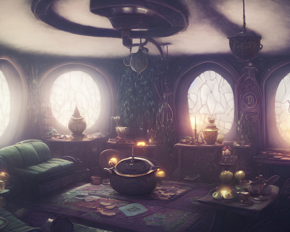 Mystical room with arched windows, greenery, cauldron, potion bottles
