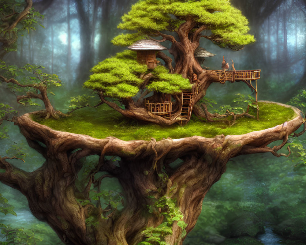 Enchanting floating island with ancient tree, treehouse, and wooden bridge