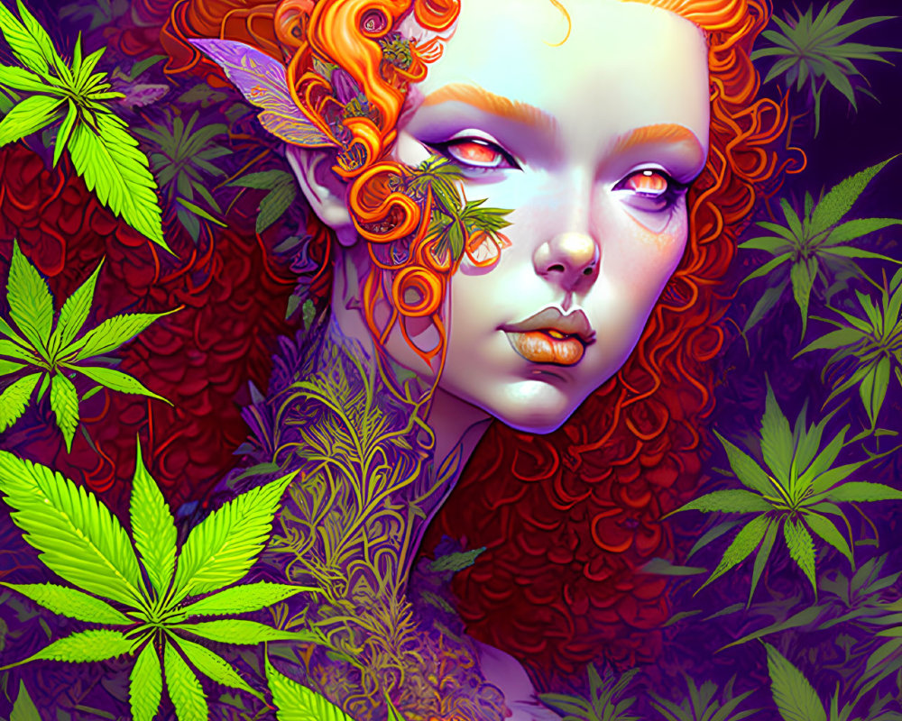 Digital artwork: Woman with orange hair, fantasy elements, red foliage, cannabis leaves on dark background