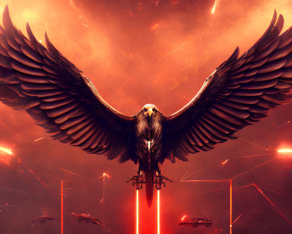 Majestic eagle flying in red sky with meteors and futuristic aircraft
