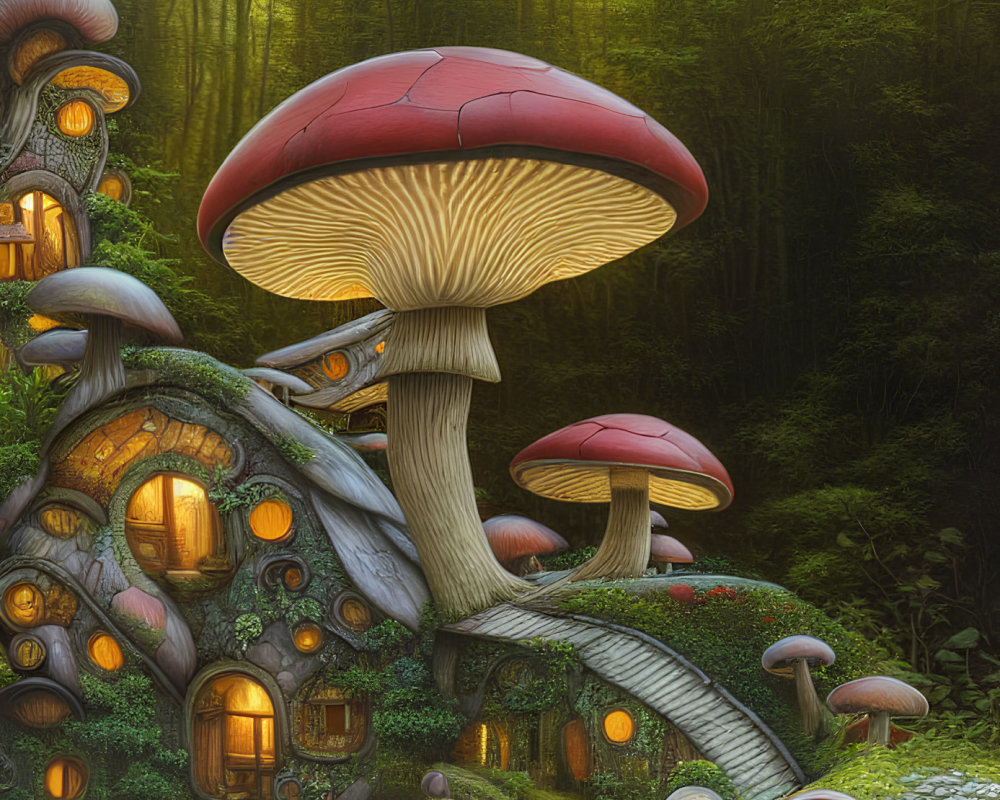 Enchanting forest scene with house in oversized mushrooms amid misty woodland