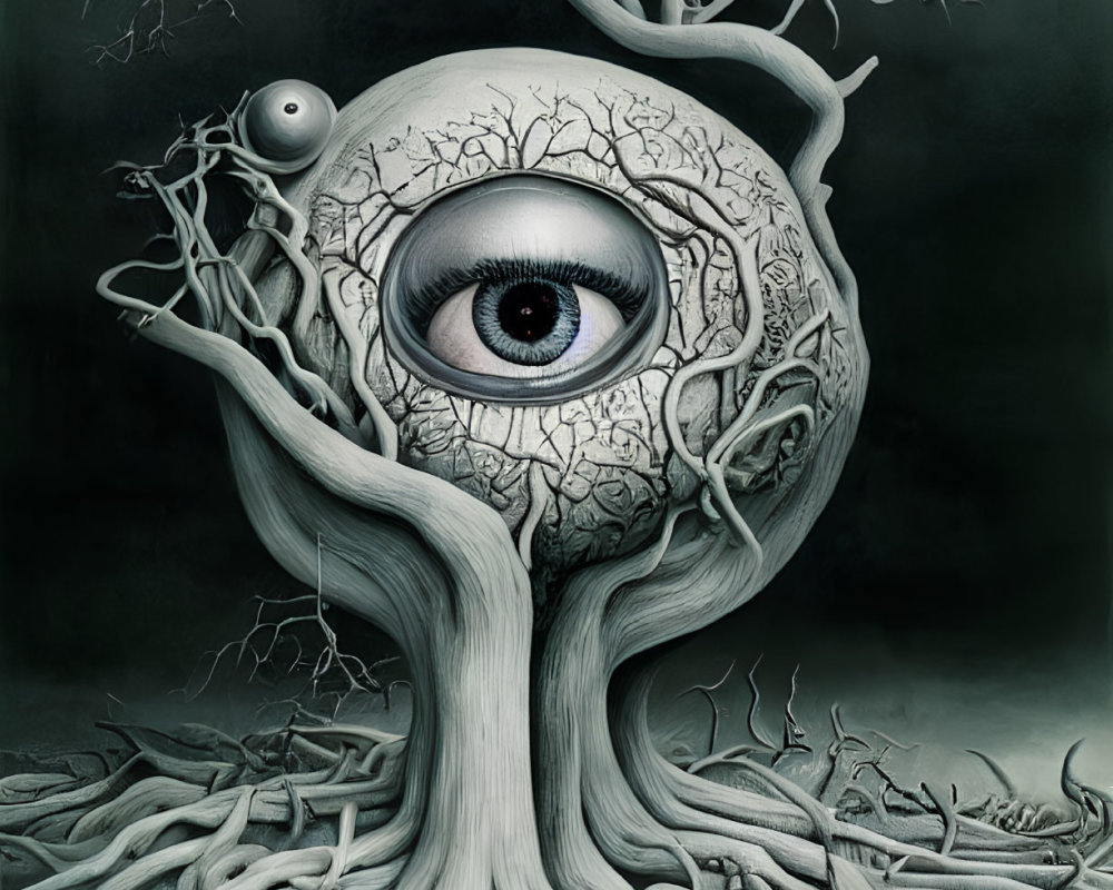 Surreal artwork of tree with vein-like branches and central eye