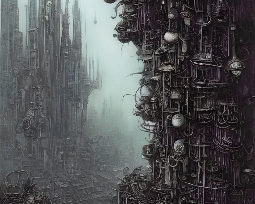 Dystopian cityscape with Gothic structures and industrial piping