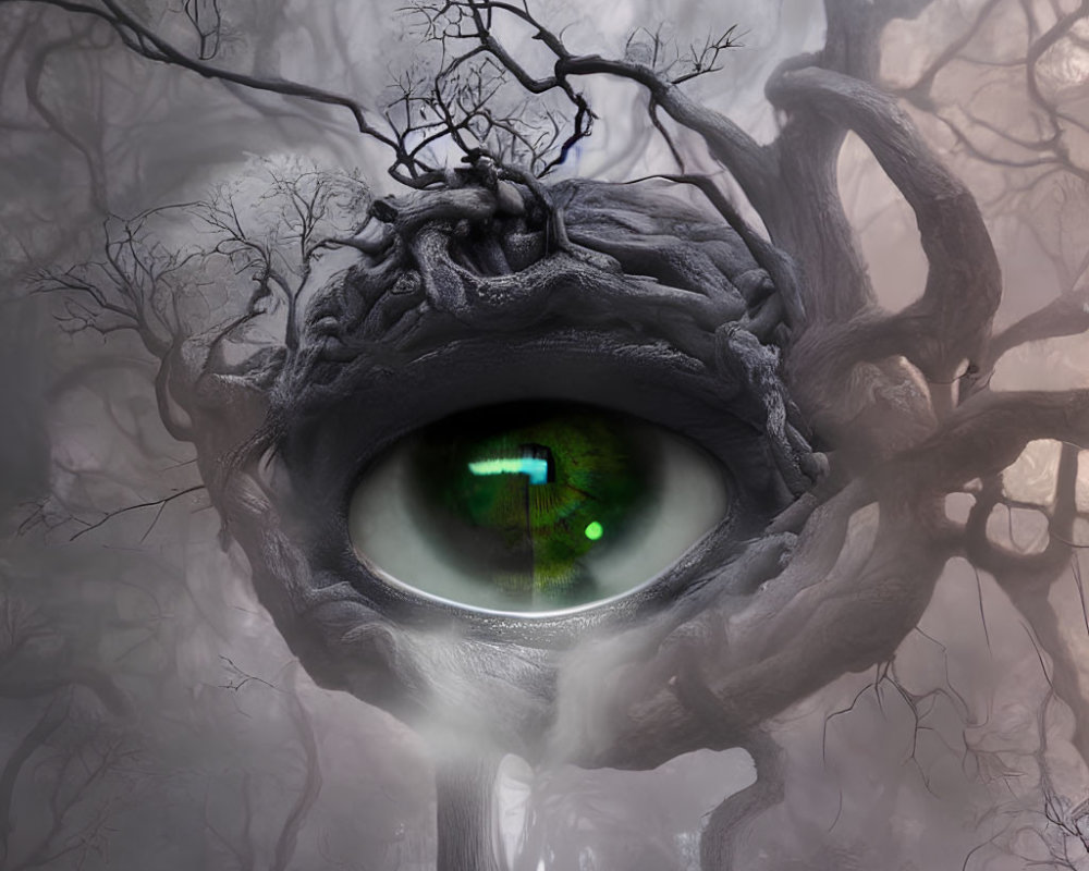 Enormous eye in mystical forest with twisted branches