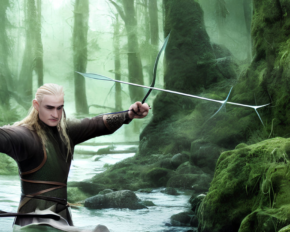 Blond elf with bow and arrow in misty green forest