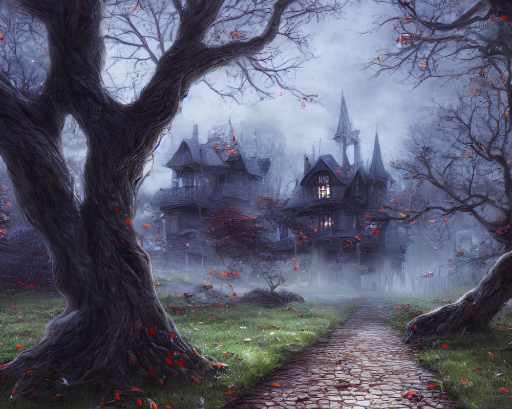 Misty cobblestone path through eerie forest to gothic mansion