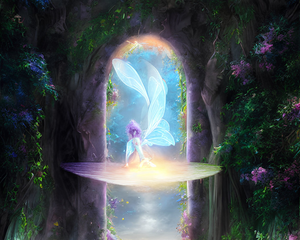 Translucent-winged fairy in enchanted forest setting