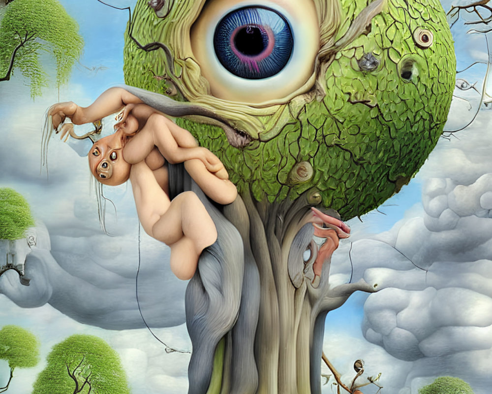 Surreal artwork: tree with giant eye, entwined figures, snails, whimsical