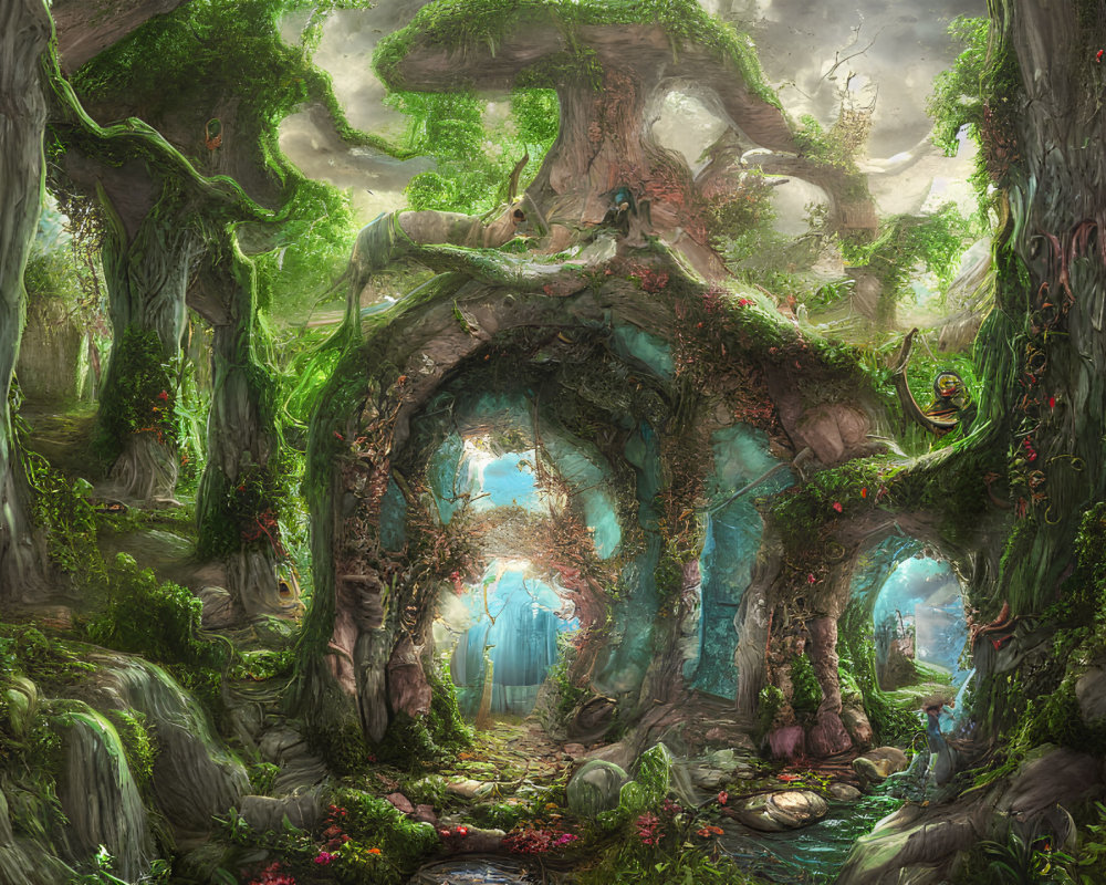 Mystical forest scene with archway, greenery, and waterfall.