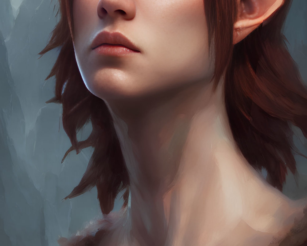 Detailed portrait of a pensive fantasy character with pointed ears and brunette hair in fur garment.