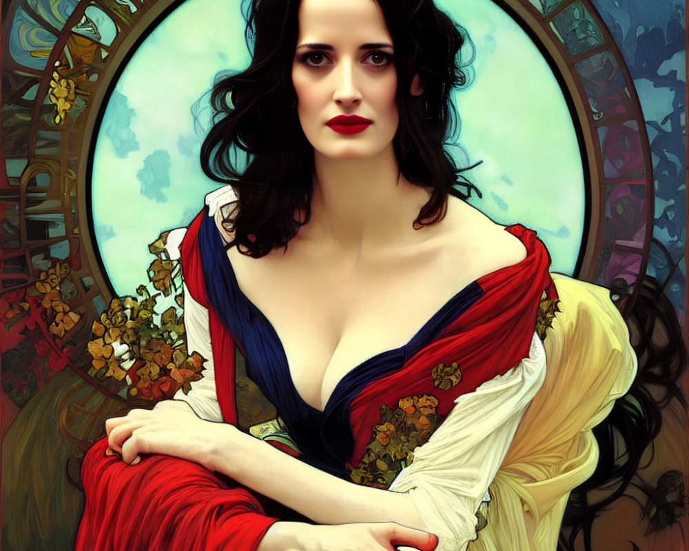 Stylized portrait of woman with dark hair and red lipstick in red and blue garment against ornate