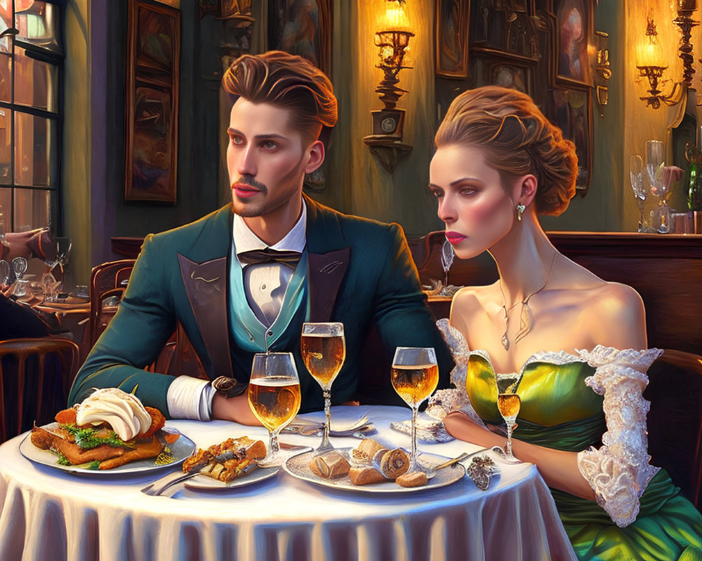 Sophisticated couple dining in luxurious restaurant ambiance
