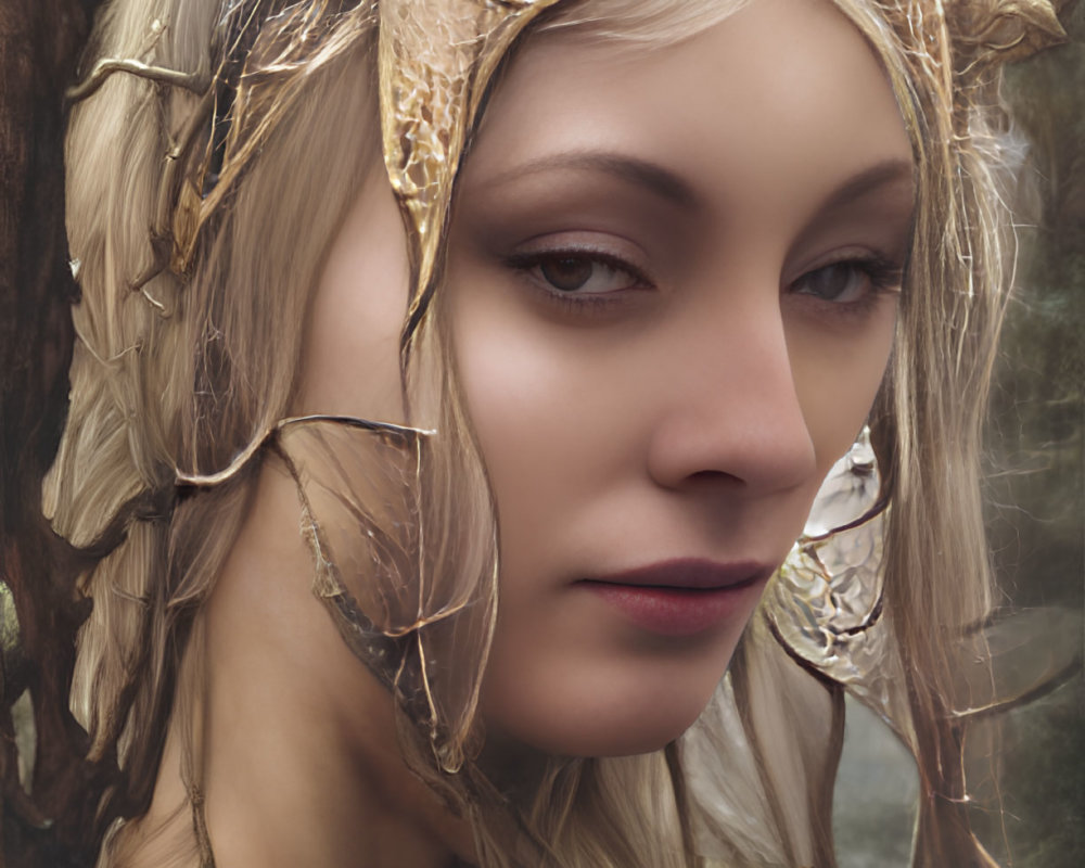 Ethereal woman with golden leaf adornments and intricate earrings in nature.