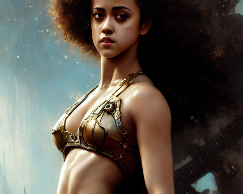 Confident woman in golden armor with afro against fantastical backdrop