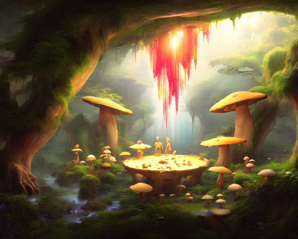 Enchanted forest with oversized mushrooms and ethereal light