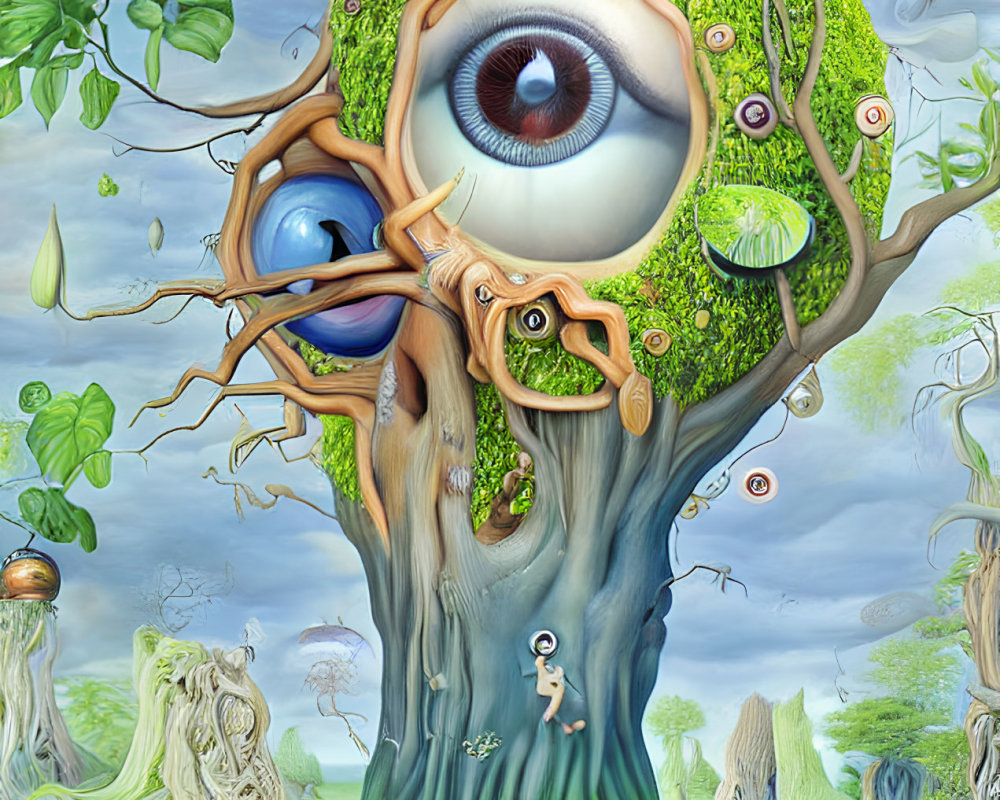 Surreal painting featuring tree with eye, roots as face, person in mystical forest