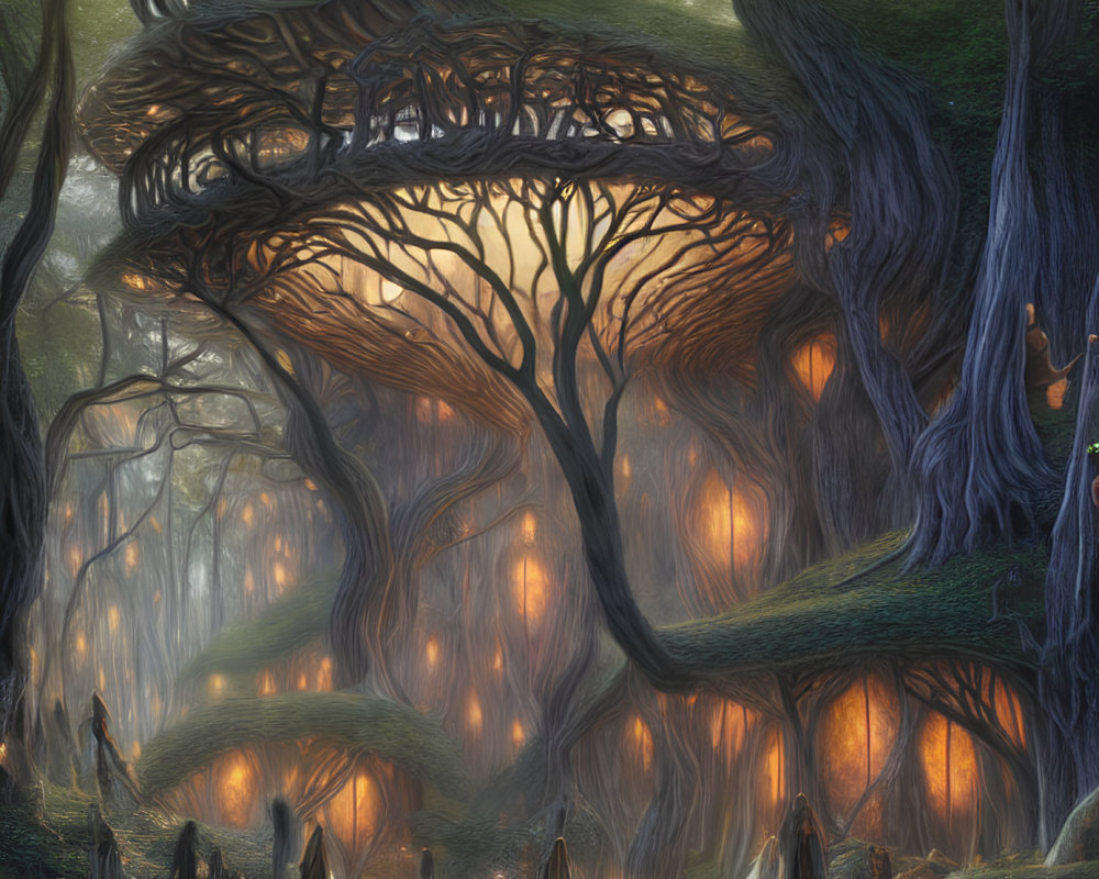Mystical forest with glowing lights and ethereal figures