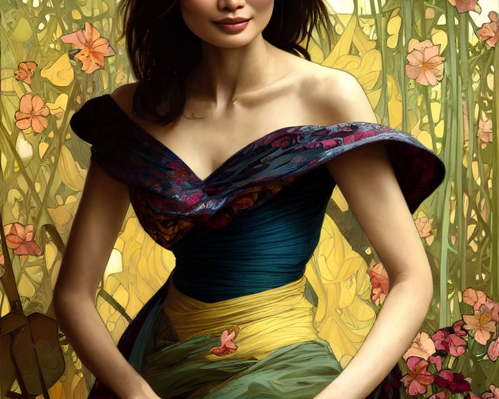 Illustrated woman in colorful off-shoulder dress with dark hair amidst golden flowers