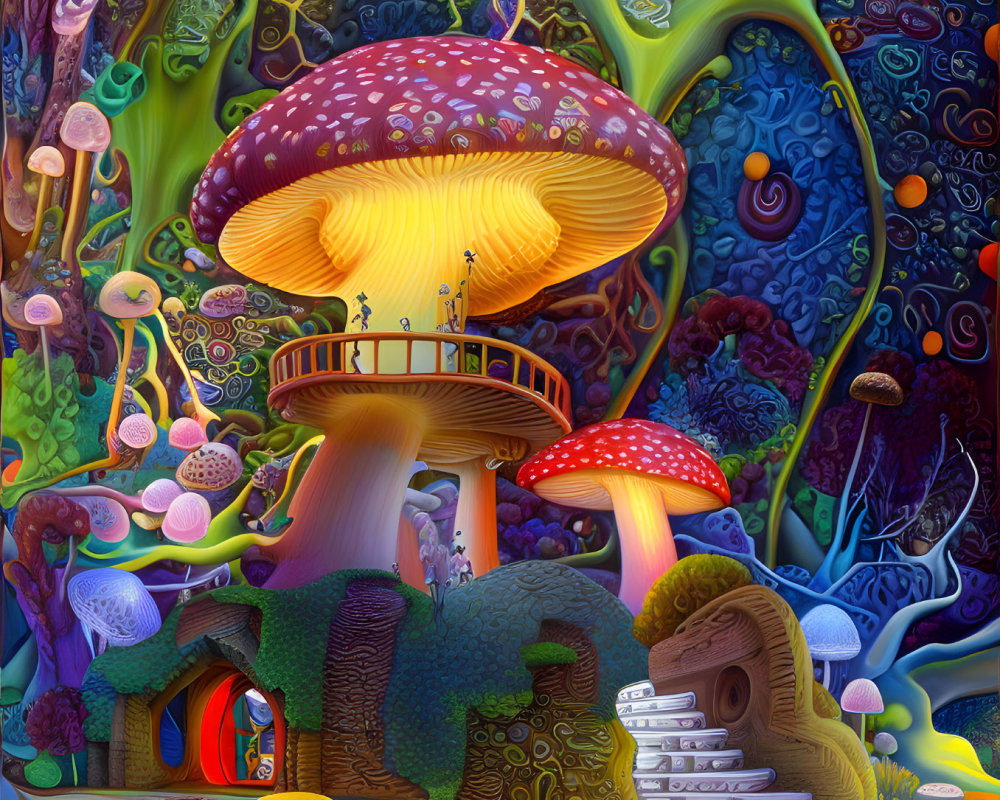 Colorful Psychedelic Image: Oversized Mushrooms & Whimsical Vegetation