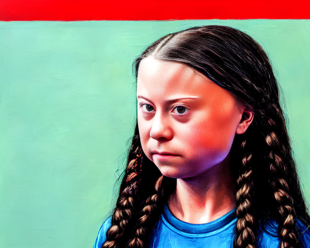 Focused young girl with braided hair on red-framed turquoise backdrop