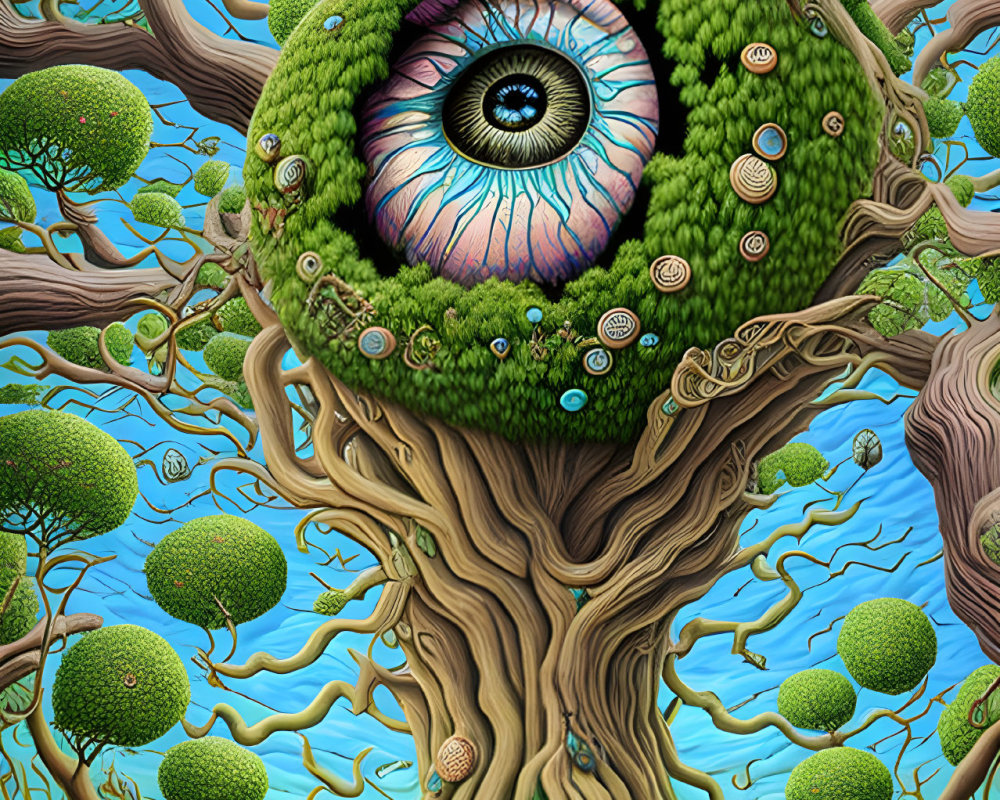 Surreal artwork: Large tree with blue eye, smaller trees, planet, blue sky