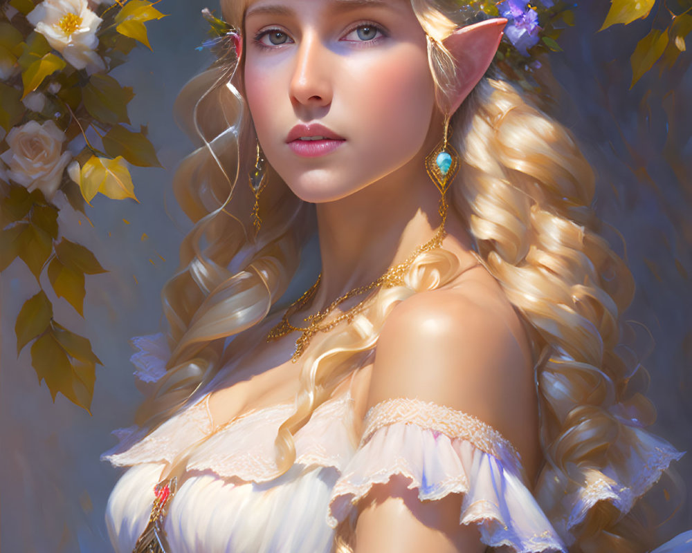 Fantasy portrait: Elf woman with long blond hair, flowers, gold jewelry, roses.