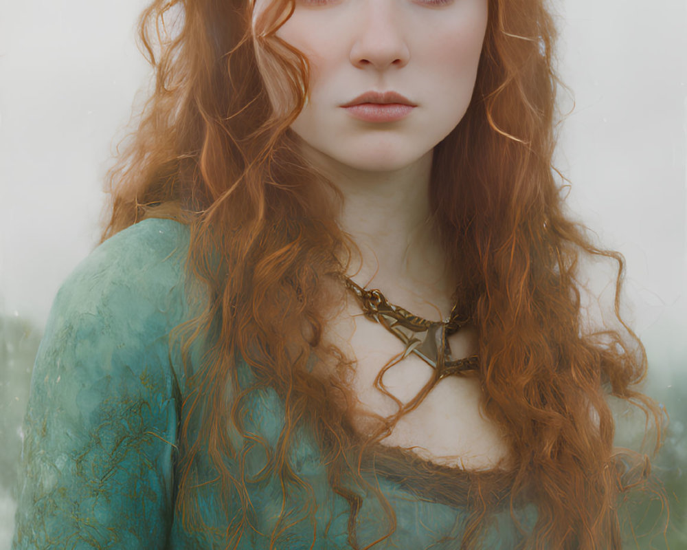 Woman with Long Curly Red Hair in Teal Medieval Dress and Necklace, Serene Expression