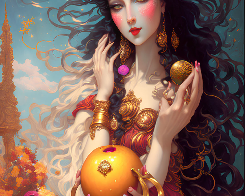 Fantasy illustration of woman with dark hair and gold jewelry holding golden fruit