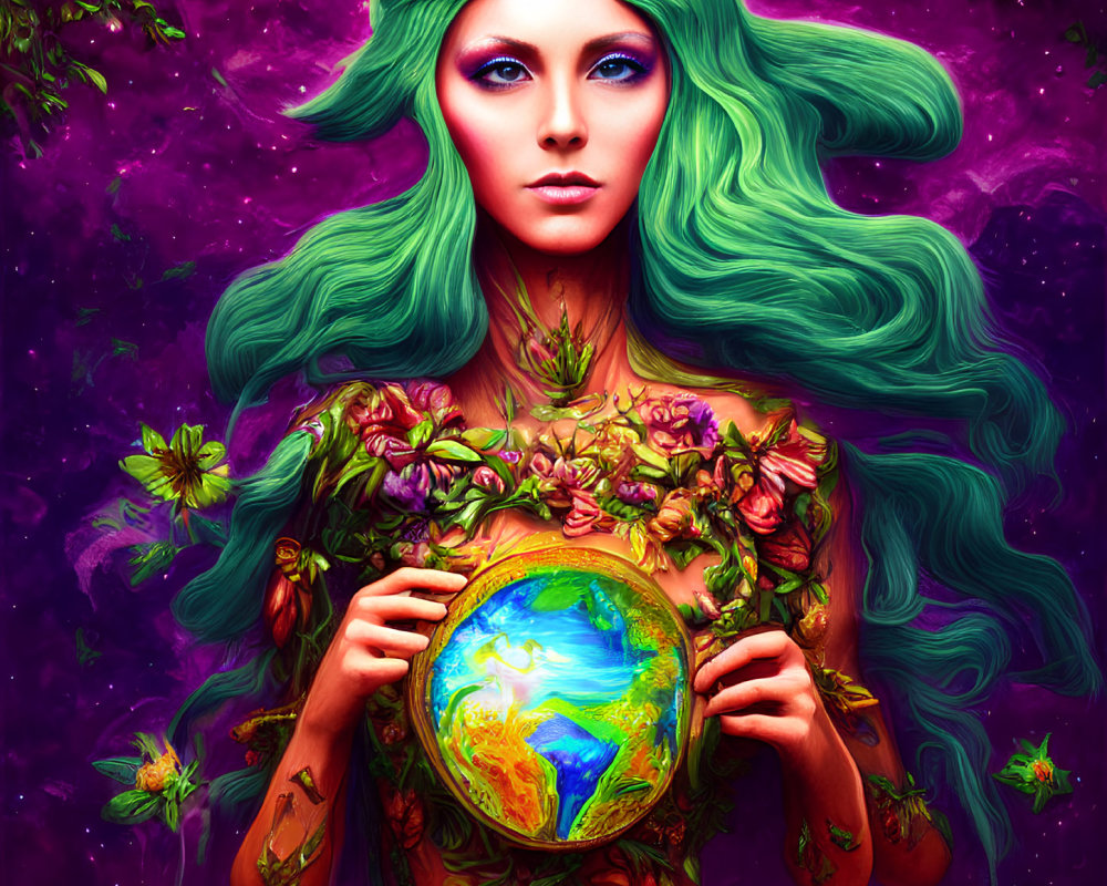 Colorful artwork of woman with green hair and floral body art holding a globe in lush, purple setting