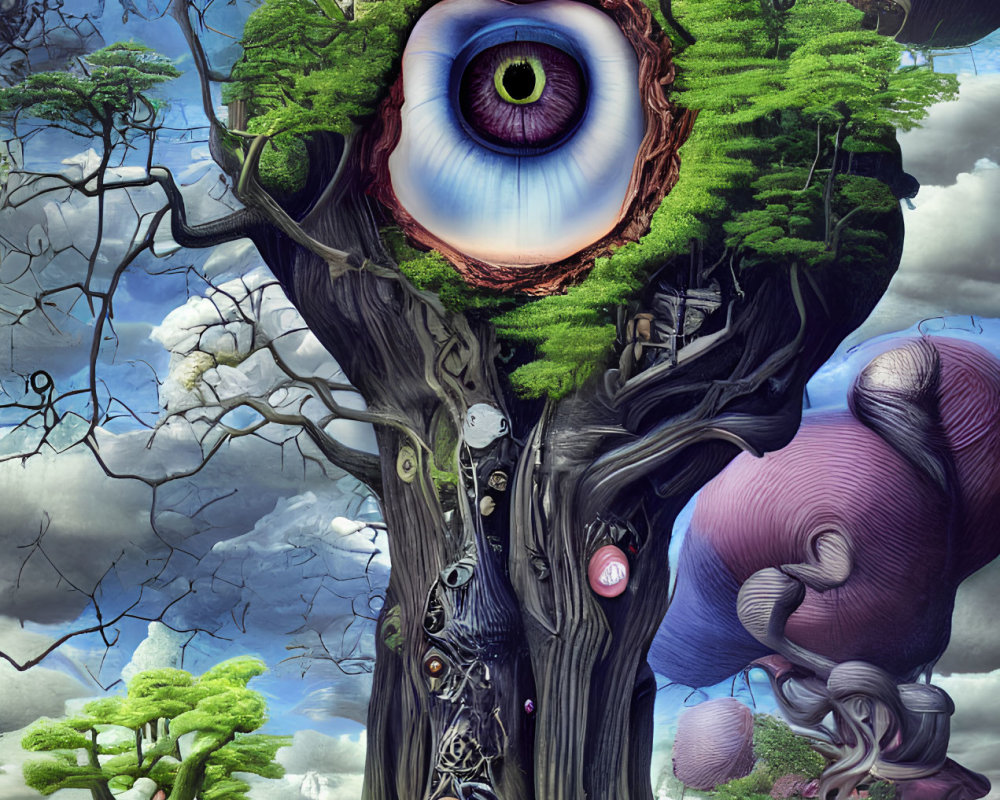 Surreal artwork featuring tree with large eye and fantastical elements