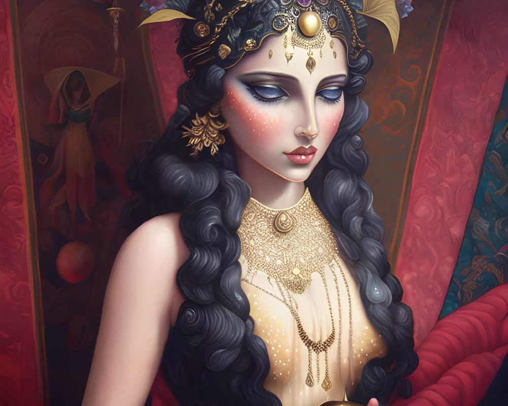 Detailed Illustration of Woman with Dark Wavy Hair and Golden Headdress Holding Apple
