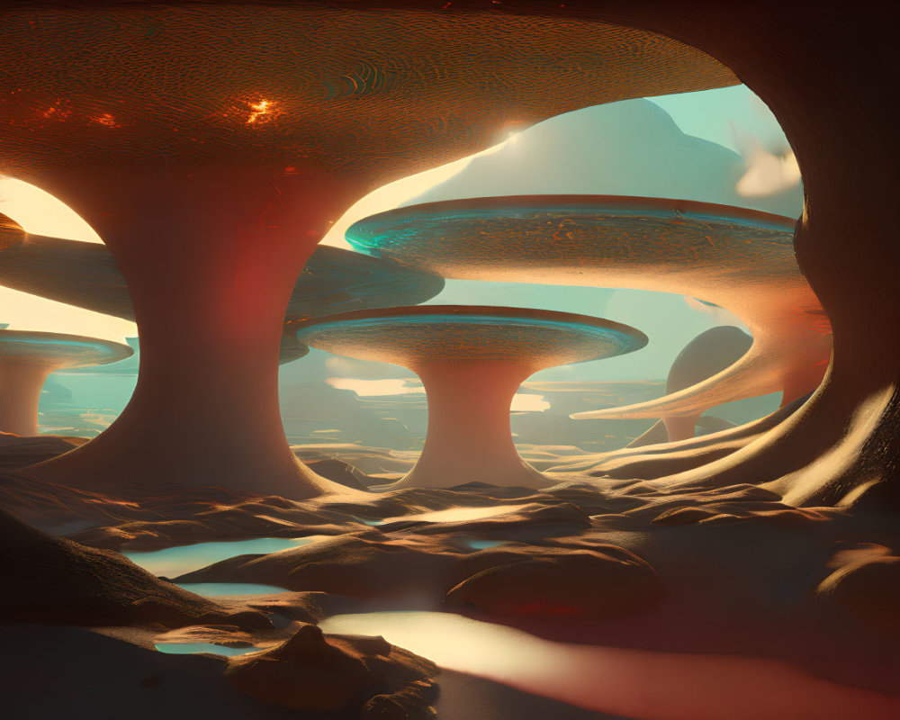 Surreal landscape with giant mushroom-like structures in orange-hued atmosphere