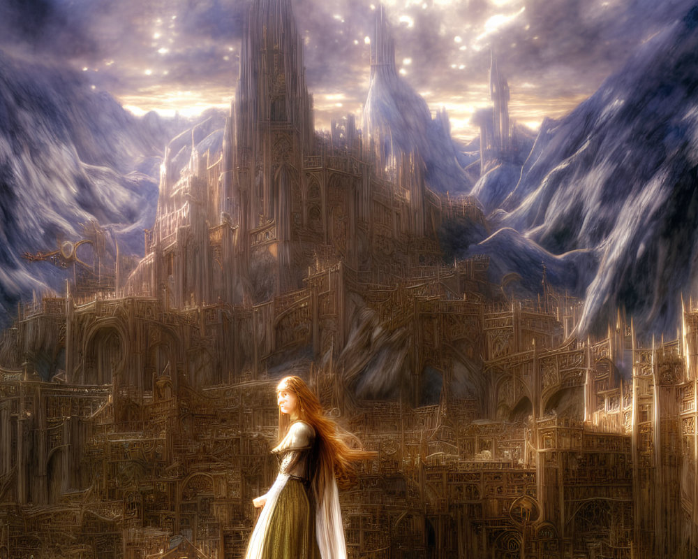 Woman in white cloak before sunlit fantasy castle and mountains