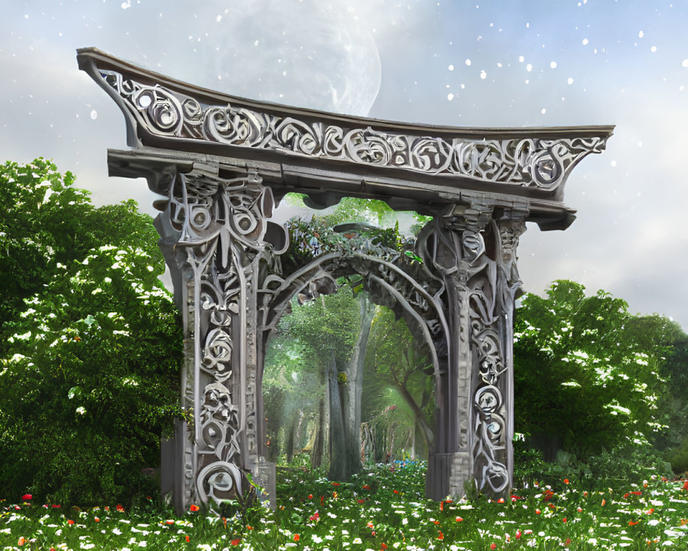 Stone archway surrounded by red and white flowers in a forest under a starry sky