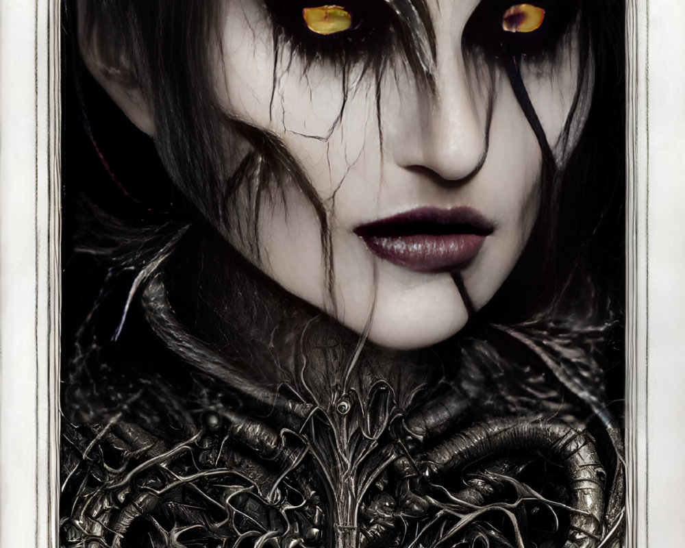 Gothic-style female figure with yellow eyes and dark makeup